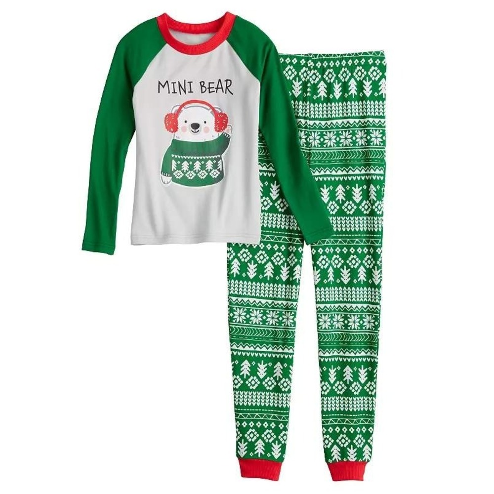 Jammies for your Families Pajama Set Kids 4T Green Mini Bear Fair Isle Christmas